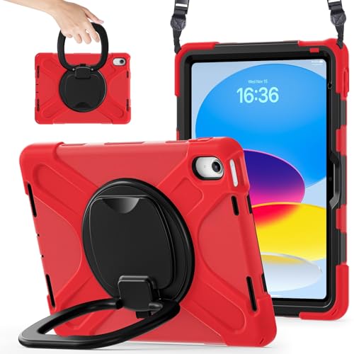 Tablet PC Hülle Hülle kompatibel mit iPad 10. Generation 10,9 Zoll 2022, stoßfeste, robuste Abdeckung mit 360° drehbarem Ständer, robuste Tablet-Hülle mit Hand-/Schultergurt Schutzhülle(Red) von GaliJialiB