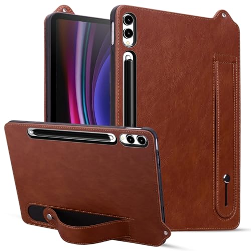 Tablet PC Hülle Kompatibel mit Samsung Galaxy Tab S9 Plus 12,4 Zoll 2023 X810/X816B/X818U Stoßfeste Tablet-Hülle mit Ständer und Handschlaufe, Leder-TPU-Tablet-Hülle Schutzhülle(Brown) von GaliJialiB