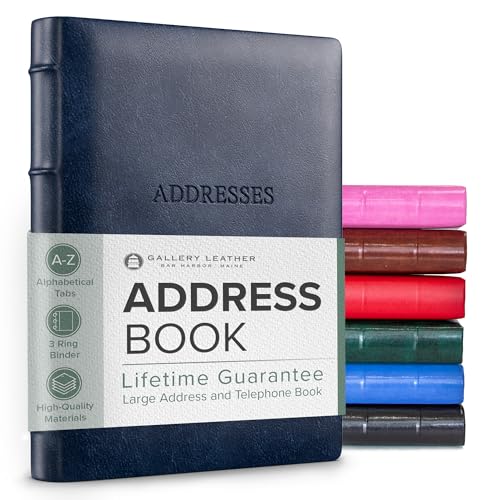 Gallery Leather Großes Adressbuch mit alphabetischen Registerkarten bis zu 480 Schallplatten, Leder-Notizbuch, Hardcover, Telefon- und Adressbücher – 22,9 x 17,8 cm, Schreibtischadresse, Acadia Navy von Gallery Leather