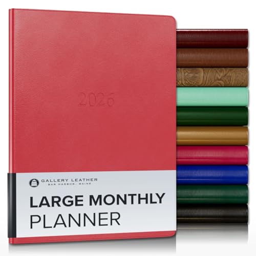 Gallery Leather Großer Monatsplaner 2026, edel gebundener Kalenderplaner und Notizbuch mit stilvollen goldvergoldeten Seitenrändern, 18 Monate - Karibikrot - 24,8 x 19,1 cm von Gallery Leather