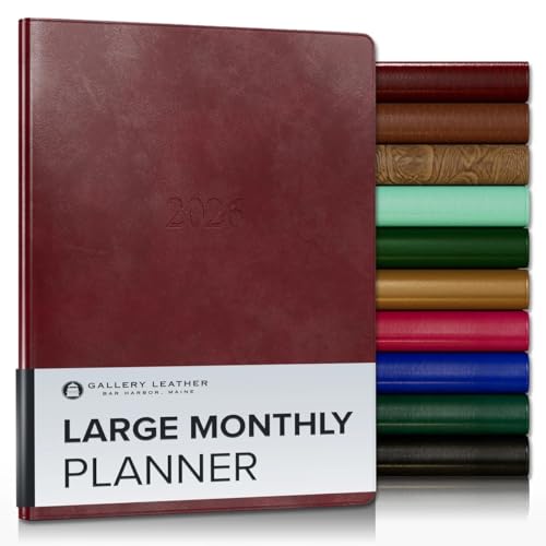 Gallery Leather Großer Monatsplaner 2026, elegant gebundener Kalenderplaner und Notizbuch mit stilvollen goldvergoldeten Seitenrändern, 18 Monate - Acadia Deep Red - 24,8 x 19,1 cm von Gallery Leather