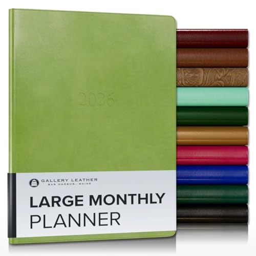 Gallery Leather Großer Monatsplaner 2026, elegant gebundener Kalenderplaner und Notizbuch mit stilvollen goldvergoldeten Seitenrändern, 18 Monate - Acadia Lime - 24,8 x 19,1 cm von Gallery Leather