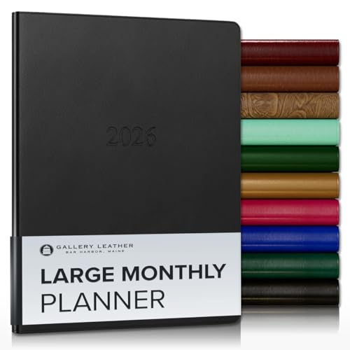 Gallery Leather Großer Monatsplaner 2026, elegant gebundener Kalenderplaner und Notizbuch mit stilvollen goldvergoldeten Seitenrändern, 18 Monate - Freeport Black - 24,8 x 19,1 cm von Gallery Leather