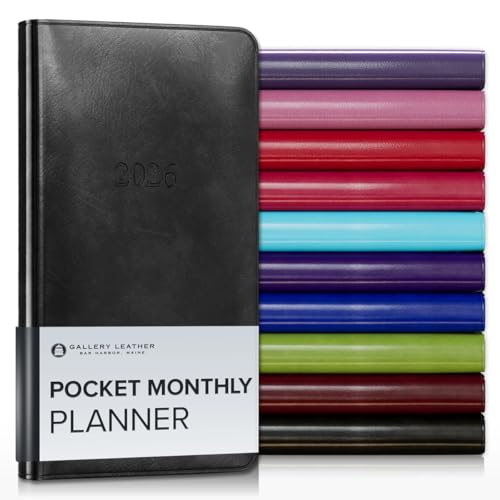 Gallery Leather Pocket Monatsplaner 2026, elegant gebundener Kalenderplaner und Notizbuch mit stilvollen goldvergoldeten Seitenrändern, 18 Monate - Acadia Black - 15,2 x 8,3 cm von Gallery Leather