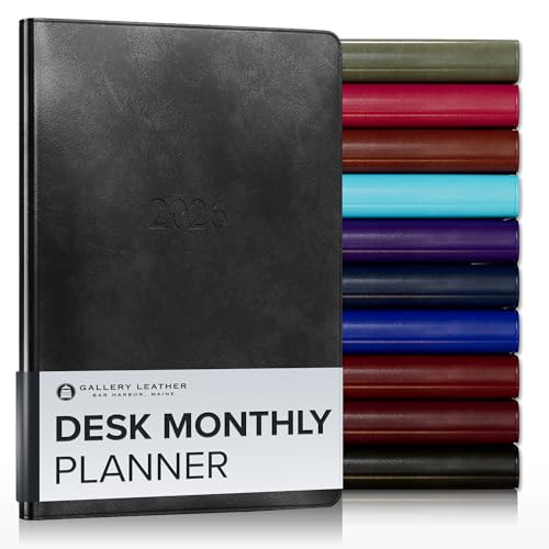 Gallery Leather Schreibtisch-Monatsplaner 2026, elegant gebundener Kalenderplaner und Notizbuch mit stilvollen goldvergoldeten Seitenrändern, 18 Monate, Acadia Black, 20,3 x 14 cm von Gallery Leather