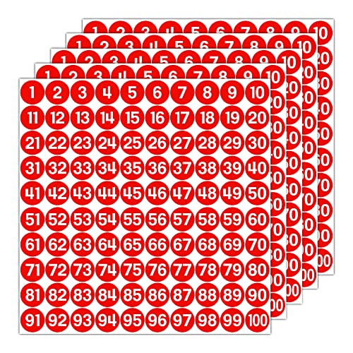 GamesMonkey® - Etiketten Nummern Aufkleber Kreise - Rot - von 1 bis 100 - (100-500 - 2500 Stück) (10-25 mm) Wasserfestes Vinyl - Aufeinanderfolgende Inventare (25 mm - 2,5 cm, 500 Stück - 5 Blätter) von GamesMonkey