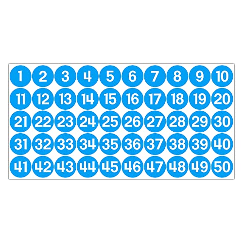 GamesMonkey® - Etiketten Zahlen Aufkleber Kreise - Hellblau - von 1 bis 50 - (50-500 - 2500 Stück) (10-25 mm) Wasserdichtes Vinyl - Fortlaufende Inventare (25 mm - 2,5 cm, 50 Stück - 1 Blatt) von GamesMonkey