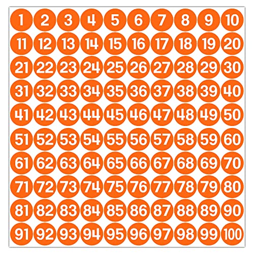 GamesMonkey® - Etiketten Zahlen Aufkleber Kreise - Orange - von 1 bis 100 - (100-500 - 2500 Stück) (10-25 mm) Wasserfestes Vinyl - Aufeinanderfolgende Inventare (10 mm - 1,0 cm, 100 Stück - 1 Blatt) von GamesMonkey