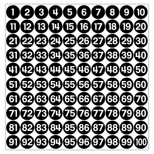 GamesMonkey® - Etiketten Zahlen Aufkleber Kreise - Schwarz - von 1 bis 100 - (100-500 - 2500 Stück) (10-25 mm) Wasserdichtes Vinyl - Fortlaufende Inventare (25 mm - 2,5 cm, 100 Stück - 1 Blatt) von GamesMonkey