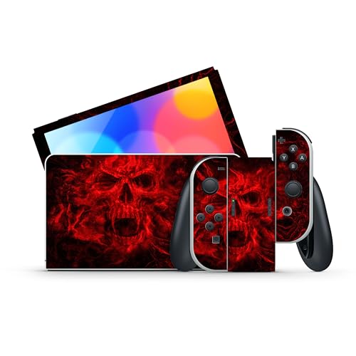 GamesMonkey® - Skin kompatibel mit Nintendo Switch – Oled Classic – selbstklebende Schutzhülle aus mattem Vinyl HD – Displayschutzfolie Decal Faceplate (Classic, Roter Schädel – D020) von GamesMonkey