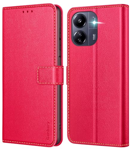 Ganbary Handyhülle für Xiaomi Redmi 13C Hülle, Premium Leder Klapphülle [Kartenschlitzen] [Magnetverschluss] [Standfunktion] kompatibel mit Redmi 13C Schutzhülle, Rot von Ganbary