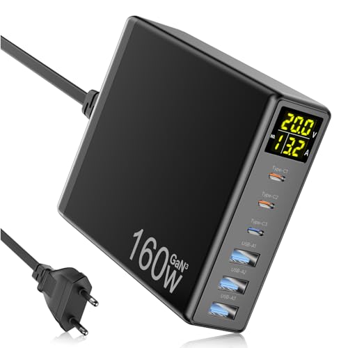 USB C Ladegerät, 160W GaN 6-Port Schnellladegerät mit LED-Anzeige, Netzteil mit 3 USB-C und 3 USB-A Mehrfach Ladestation PPS PD 3.0 Charger für MacBook Pro Laptop iPhone iPad Samsung USB C Ladegerät, 160W GaN 6-Port Schnellladegerät mit LED-Anzeige, Netzteil mit 3 USB-C und 3 USB-A Mehrfach Ladestation PPS PD 3.0 Charger für MacBook Pro Laptop iPhone iPad Samsung von Ganquick
