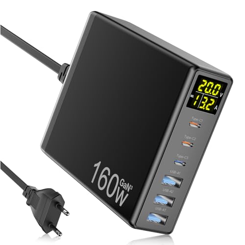 USB C Ladegerät, 160W GaN 6-Port Schnellladegerät mit LED-Anzeige, Netzteil mit 3 USB-C und 3 USB-A Mehrfach Ladestation PPS PD 3.0 Charger für MacBook Pro Laptop iPhone iPad Samsung von Ganquick