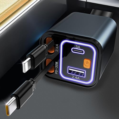 GaoBao Einziehbares Kfz-Ladegerät, [4-Port-Schnellladung] Adapter Zigarettenanzünder USB-Ladegerät mit einziehbaren Kabeln und USB/USB-C-Anschlüssen, Handy-Ladegerät für iPhone/Android/Samsung Galaxy von GaoBao