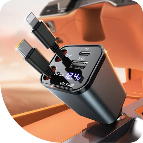 GaoBao Einziehbares Kfz-Ladegerät, 4-in-1-Kfz-Ladeadapter mit einziehbaren Kabeln und Spannungsanzeige mit USB/USB-C-Anschlüssen, Kfz-Ladegerät kompatibel mit iPhone/Android/Samsung Galaxy/Google/iPad GaoBao Einziehbares Kfz-Ladegerät, 4-in-1-Kfz-Ladeadapter mit einziehbaren Kabeln und Spannungsanzeige mit USB/USB-C-Anschlüssen, Kfz-Ladegerät kompatibel mit iPhone/Android/Samsung Galaxy/Google/iPad von GaoBao