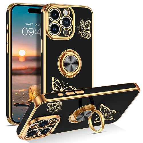 GaoBao Kompatibel mit iPhone 15 Pro Max Hülle, Handyhülle iPhone 15 Pro Max Ringhalter Ständer Schmetterling Design Stoßfest Fallschutz Schlank Eckenschutz Hülle für iPhone 15 Pro Max, Schwarz von GaoBao