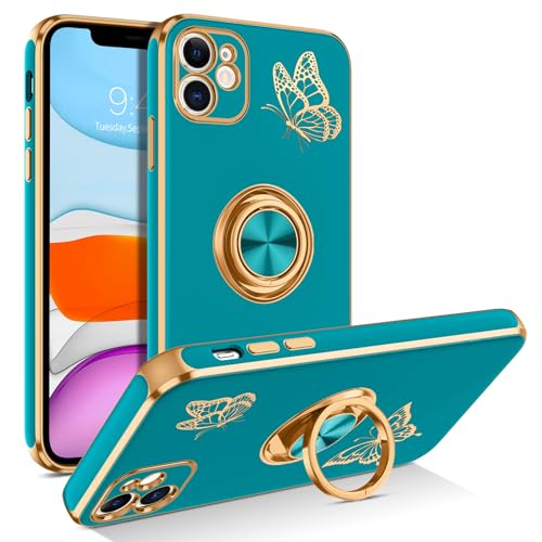 GaoBao iPhone 11 Hülle, Handyhülle iPhone 11, Ringhalter Schmetterling Design Rotation Ständer Weicher TPU-Stoßdämpfer Damen Mädchen Schlank Fallschützend Stoßfest Hülle für iPhone 11, Blau von GaoBao