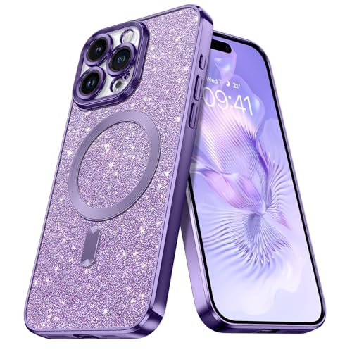 GaoBao Schutzhülle für iPhone 15 Pro Max, schlanke 15 Pro Max, magnetische Hülle, kompatibel mit MagSafe, funkelnd, luxuriös, stoßfest, rutschfest, für Damen und Mädchen, glitzernd, Violett von GaoBao