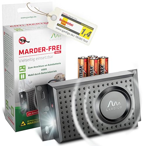 Gardigo® Marderschreck - Marder-Frei Dual mit Batterien | Mobile Marderabwehr für KFZ, Haus, Dachboden, Garage | Schall und Blitzlicht | Anschluss an 12V Autobatterie oder Batteriebetrieb möglich von Gardigo