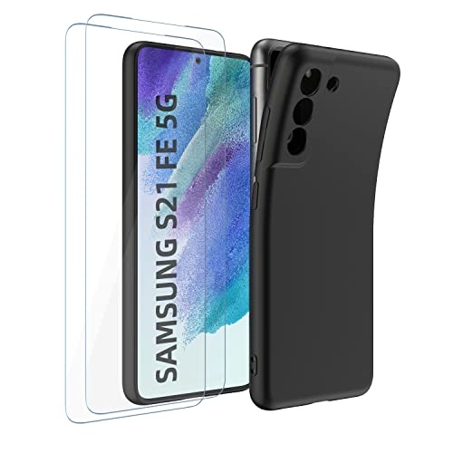 Garegce Hülle Kompatibel mit Galaxy S21 FE 5G mit 2 Stück Panzerglas Schutzfolie, Handyhülle Silikon Weich Ultra Dünn Stoßfest Kratzfest Bumper Schutzhülle für Galaxy S21 FE 5G, 6.4 Zoll, Schwarz von Garegce