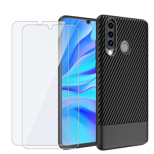 Garegce Schutzhülle für Huawei P30 Lite mit 2 x Hartglas-Displayschutz, schwarze TPU-Textur, Carbonfaser, weich, stoßfest, ultradünn, kratzfest, Silikon, Schwarz von Garegce