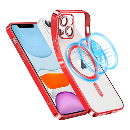 Garegce iPhone 13 Hülle mit MagSafe, [Kameraschutz Eingebaut] Stoßfest Bumper Anti Fingerabdruck Kratzresistente Militärnorm Schutz, Durchsichtig Magnetische Handyhülle 6.1 Zoll - Rot von Garegce