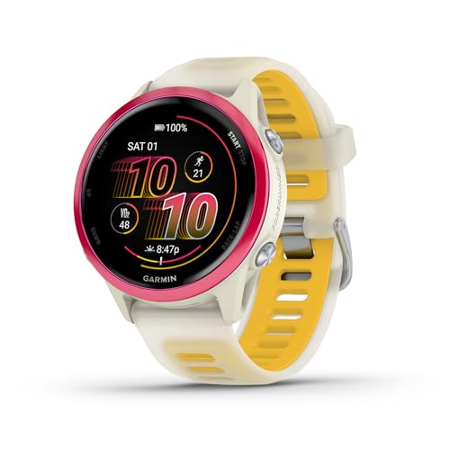 Garmin® Forerunner® 570, 42 mm, fortschrittliche GPS-Lauf- und Triathlon-Smartwatch, AMOLED-Display, Trainings- und Erholungsfunktionen, Himbeer-Aluminium mit durchscheinendem Knochen-/Mango-Band von Garmin