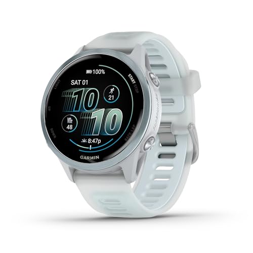 Garmin® Forerunner® 570, 42 mm, fortschrittliche GPS-Lauf- und Triathlon-Smartwatch, AMOLED-Display, Trainings- und Erholungsfunktionen, wolkenblaues Aluminium mit durchscheinendem Weißstein von Garmin