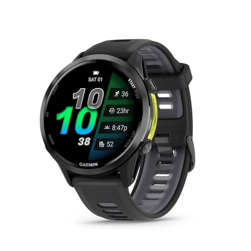 Garmin® Forerunner® 970 Premium GPS-Lauf- und Triathlon-Smartwatch, AMOLED-Display, integrierte LED-Taschenlampe, Carbongrau DLC Titan mit schwarzem Gehäuse und schwarz-durchscheinendem Weißstein-Band von Garmin