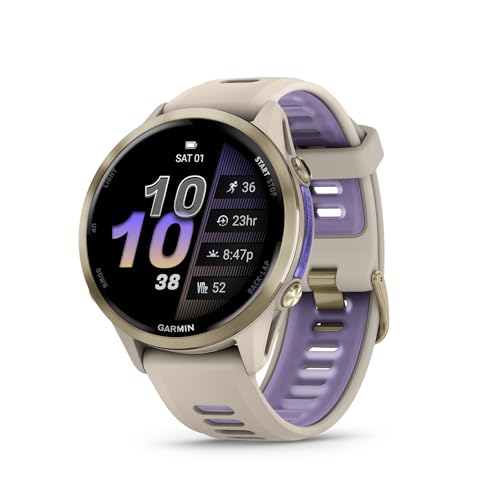 Garmin® Forerunner® 970 Premium GPS-Lauf- und Triathlon-Smartwatch, AMOLED-Display, integrierte LED-Taschenlampe, weiches goldfarbenes Titan mit französischem grauem Gehäuse und französischem grauem von Garmin