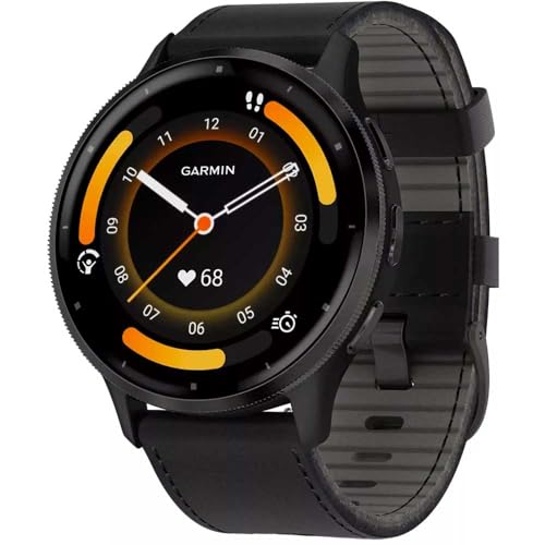 Garmin 010-02784-52 Venu 3 Slate Edelstahl-Lünette Smartwatch mit schwarzem Gehäuse und Lederband, Schiefer/schwarz von Garmin