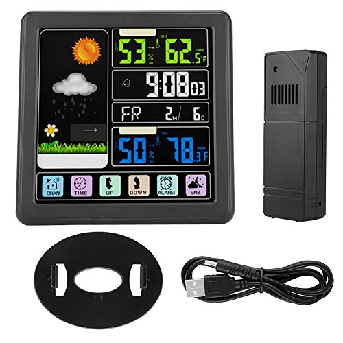 Garsent Wetterstation Funk mit Farbdisplay, Touch Screen Wireless Wettervorhersage mit Alarm, Temperatur Luftfeuchtigkeit Uhr für Innen und außen(schwarz) von Garsent