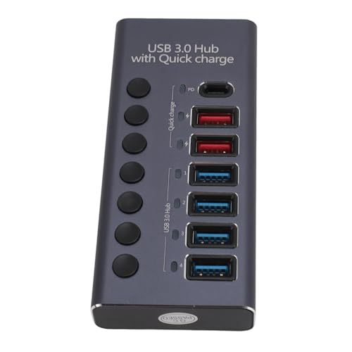 USB-Hub 3.0 mit Stromversorgung, 7 Ports USB-Daten-Hub-Splitter mit 3 Schnellladeanschlüssen, 12V/3A-Stromversorgungsadapter und Individuellen EIN/Aus-Schaltern für Laptop-PCs von Garsent