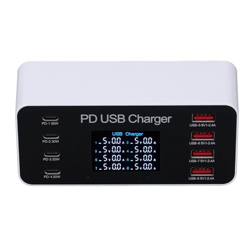 USB-Ladegerät, 65 W, 8-Port-USB-Ladestation, Multi-Port-USB-Hub-Ladegerät, Kompaktes LCD-Display, Kompatibel mit IOS, Samsung, Tablet, Bluetooth-Ohrhörern und Mehr (EU-Stecker) von Garsent