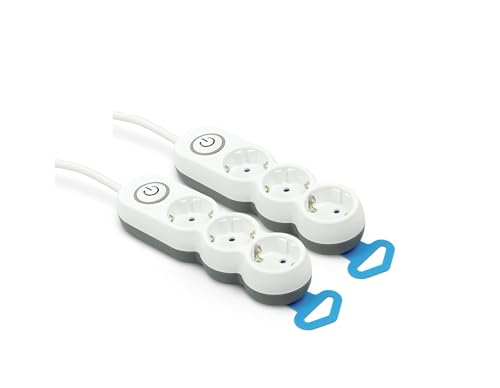 Garza - 2er-Pack Mehrfachsockel mit 3 Steckern, 1,4 Meter Kabel, Flachstecker, mit Schalter, Kinderschutz, Weiß von Garza