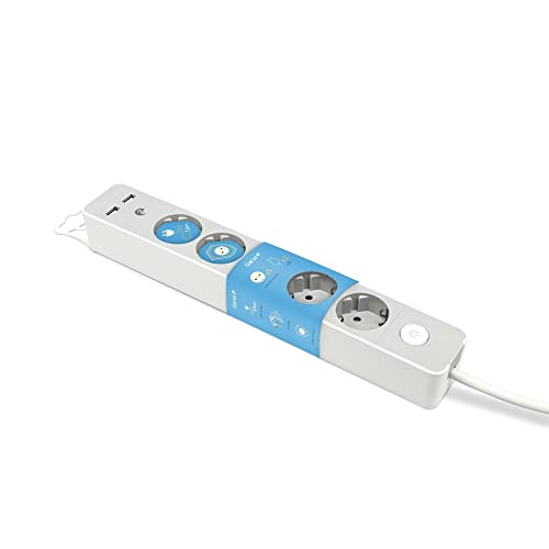 Garza - Design Steckdosenleiste mit Schalter, 5 Steckdosen, 2 USBs, 1,4 m Kabel, Flachstecker, Kinderschutz, Farbe Grau von Garza