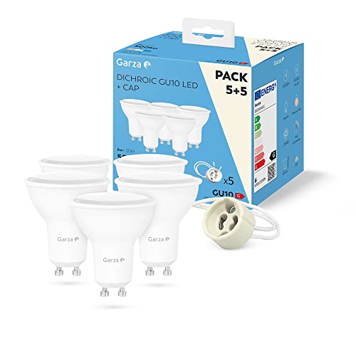 Garza - Packung mit 5 LED Dichroic GU10 Glühbirnen + 5 GU10 Fassungen, neutrales Licht (4000K), 6W (entspricht 50W Glühbirne), 500 lm, nicht dimmbar von Garza