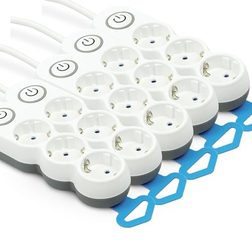 Garza - Packung mit 5 Mehrfachsteckdosen mit 3 Steckdosen, 1,4 m Kabel, Flachstecker, mit Schalter, Kinderschutz, Weiß von Garza