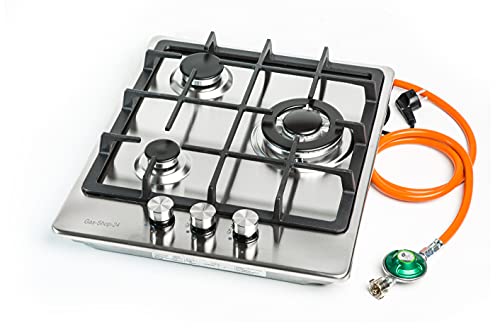 Gaskochfeld 3 flammig Edelstahl/Gaskocher Einbauherd f. Propangas + Gusstopfträger - massive Brennerdeckel (Kocher Gasherd, Campingkocher, Camping Kocher 50 mbar) von Gas-Shop-24