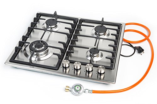 Gaskochfeld 4 flammig Edelstahl/Gaskocher Einbauherd f. Propangas + Gusstopfträger - massive Brennerdeckel (Kocher Gasherd, Campingkocher, Camping Kocher 50 mbar) von Gas-Shop-24