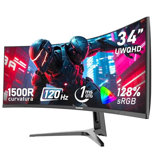 Gawfolk 34 Zoll Ultrawide Curved 120Hz Gaming Computer Monitor 1500R PC-Bildschirm 21:9 UWQHD (3440 x 1440), G-Sync, 178° Betrachtungswinkel, 128% sRGB, DisplayPort, HDMI, kompatibel mit Wandmontage von Gawfolk