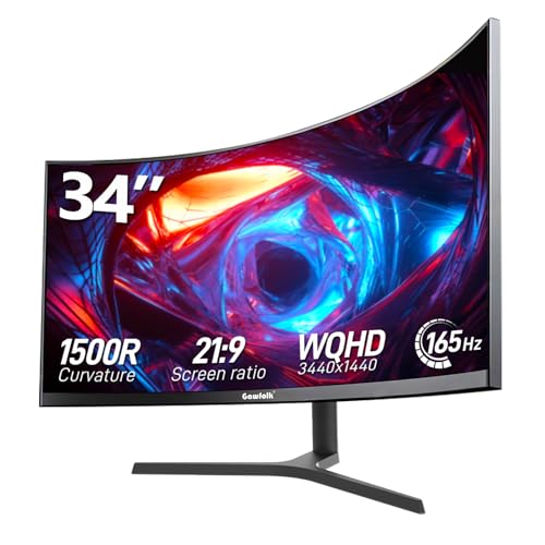 Gawfolk 34 Zoll Ultrawide Curved Gaming Monitor 165Hz, 1500R PC Bildschirm UWQHD 3440x1440 mit Höhenverstellung, Gebogenes Computerbildschirm unterstützt VESA 75 x 75 mm von Gawfolk