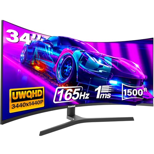 Gawfolk 34 Zoll Ultrawide Curved Gaming Monitor 165Hz, 1500R PC Bildschirm UWQHD (3440x1440) Gebogenes Computerbildschirm mit Höhenverstellung, VESA 75x75 von Gawfolk