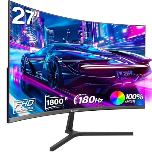 Gawfolk Curved Gaming Monitor 27 Zoll 180Hz, 165Hz PC Bildschirm Full HD 1080P, 1800R Rahmenloses Computerbildschirm mit FreeSync, unterstützt VESA von Gawfolk