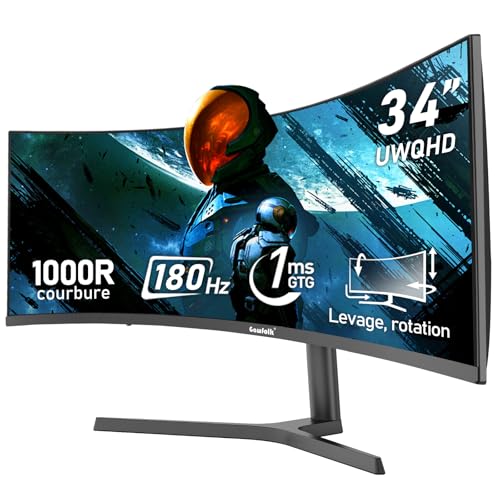 Gawfolk PC-Monitor Ultra Large 34 Zoll 1000R Curved 180Hz Gaming Computer Monitor 21:9 UWQHD (3440 x 1440), 1 m, 100 % sRGB, Adaptive Sync, DisplayPort, HDMI, klappbare Halterung, kompatibel mit der von Gawfolk