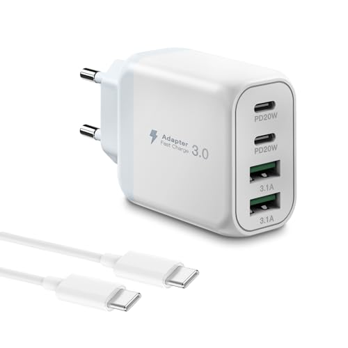 USB C Ladegerät, Gcstnn 40W Schnellladegerät mit 2M 3A Type-C Kable 4 Port PD3.0 QC3.0 USB C Ladestecker für iPhone 15 Plus 14 Pro Max 13 Pro 12 Mini,Samsung Galaxy,Google,Xiaomi Handy Ladegerät-Weiß von Gcstnn