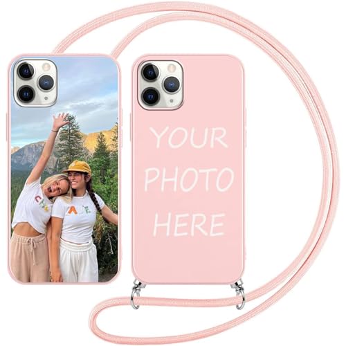 GeRRiT Handykette Personalisierte Handyhülle für iPhone 12/12Pro Hülle mit Band Kette Kordel,selber gestalten für hülle Selbst Gestalten mit Eigenem Foto Bild Individuelle Schutzhülle Case,Rosa von GeRRiT