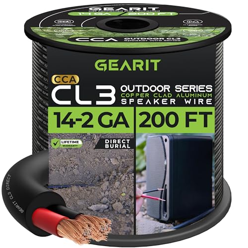 GearIT 14/2 Lautsprecherkabel (200 Fuß) 14 Gauge (kupferverkleidetes Aluminium) – Outdoor Direct Burial in Ground/in Wall / CL3 CL2 Rated / 2 Leiter – CCA, schwarz 61 m von GearIT