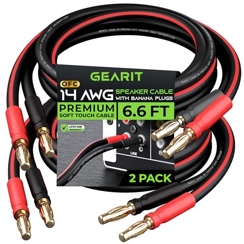 GearIT 14 AWG Lautsprecherkabel mit Bananensteckern (2 Stück, 2 m – 2 m) 14 Ga Gauge Bananenkabel für Bi-Wire Bi-Amp HiFi Surround Sound – 99,9 % OFC Kupfer, vergoldete Spitzen – Schwarz, 1,8 m von GearIT