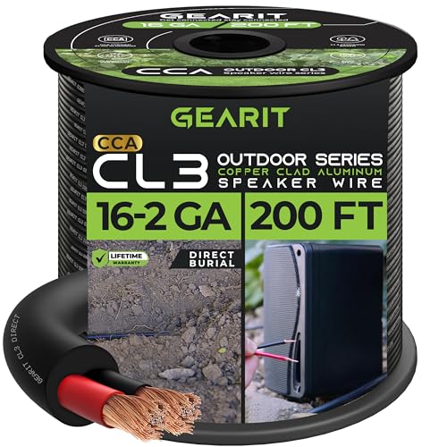 GearIT 16/2 Lautsprecherkabel (200 Fuß) 16 Gauge (kupferverkleidetes Aluminium) – Outdoor Direct Burial in Ground/in Wall / CL3 CL2 Rated / 2 Leiter – CCA, schwarz 61 m von GearIT